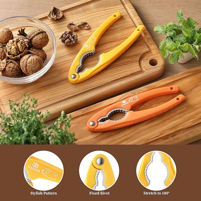 2PCS NutCracker, Kaloo Stainless Steel Nut Crackers for All Nuts, Nutcracker Tool for Walnet, Pencan, Chestnut, Crab, Lobster and More, Ergonomic Handle (Unique Pattern, Orange + Yellow)