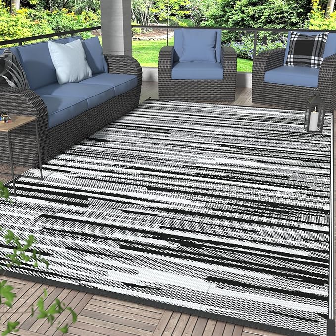 GENIMO Outdoor Rug for Patio Clearance, 5'x8' Waterproof Camping Mat, Reversible Plastic Straw Rugs for RV, Camper, Balcony, Backyard, Picnic, Deck (Black White)