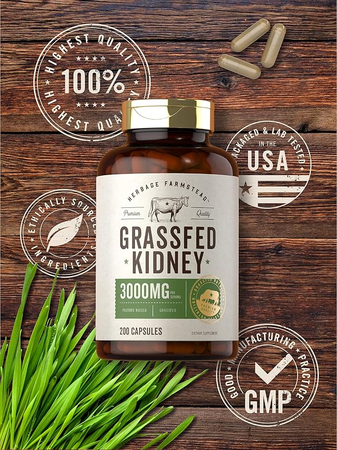 Carlyle Grass Fed Beef Kidney Supplement | 200 Capsules | 3000mg | Pasture Raised Desiccated Bovine Supplement | Hormone and Pesticide Free | Non-GMO, Gluten Free | by Herbage Farmstead