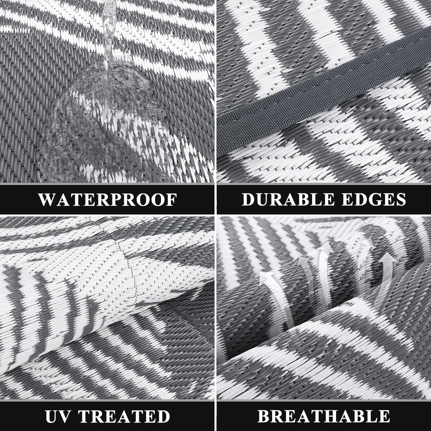 Pauwer Waterproof Outdoor Rug 6x9, Reversible Plastic Straw Patio Camping Rug, Indoor Outdoor RV Mat Carpet for Deck, Camper, Porch, Balcony, Backyard, Picnic, Leaf Grey