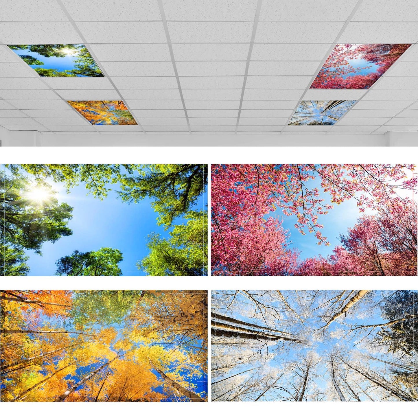 ROCEEI Pack of 4 Fluorescent Light Covers for Ceiling Lights, 4 x 2 Ft, Magnetic Light Covers for Classroom Office Home School Ceiling Decor(Season)