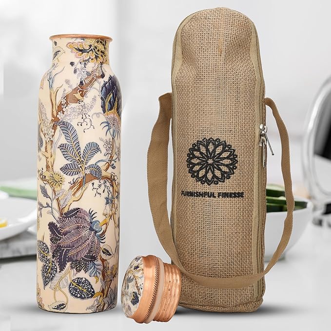 Copper Water Bottle 34 oz Pure Hammered Ayurvedic Pure Copper Vessel For Drinking Leak Proof Bottle With Carry Bag for Sport Fitness Yoga Sports Copper Bottles 1000 ML