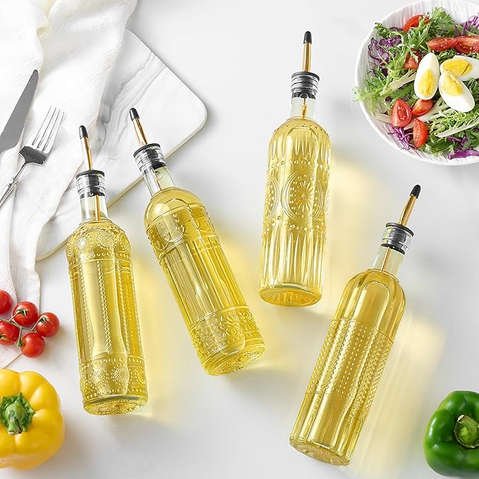 4 Pcs Olive Oil Dispenser Bottle for Kitchen,17oz Clear Glass Oil and Vinegar Dispenser Bottle Set, Classic Coffee Syrup Dispenser with 4 Stainless Steel Spouts and 1 Funnel (Style C, Gold)