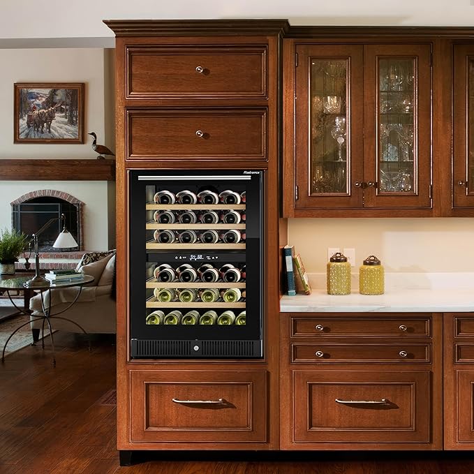 24 Inch Dual Zone Wine Refrigerator, 51 Bottles Under Counter Built-In or Freestanding Wine Cellar, Wine Cooler with Quiet Compressor Cooling and Reversible Glass Door, Fits Large Bottle