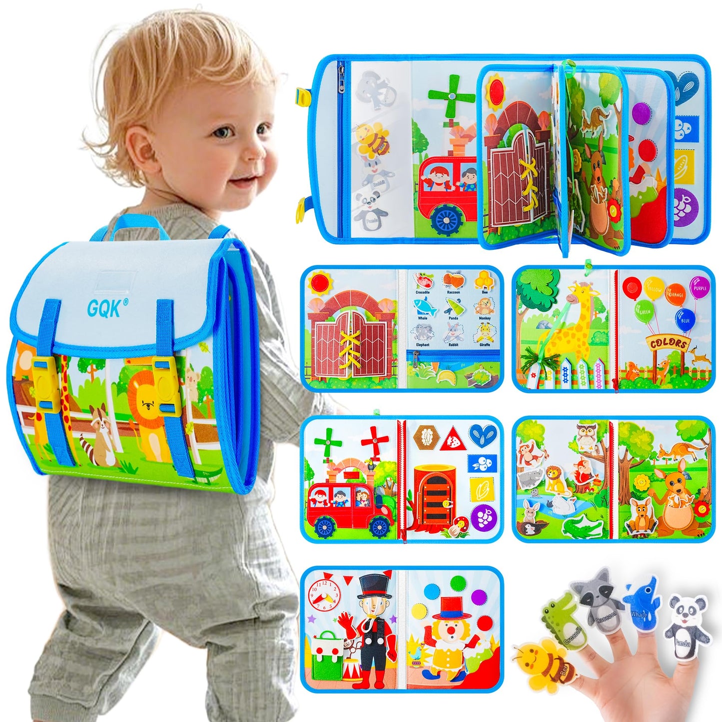 Busy Book for Toddlers 1 2 3 4 Ages, Montessori Sensory Busy Board Backpack Travel Toys, Zoo 20 in 1 Quiet Activity Books for Toddlers 1-3 Year Old Boys Girls Educational Learning Gift (Blue/P10)