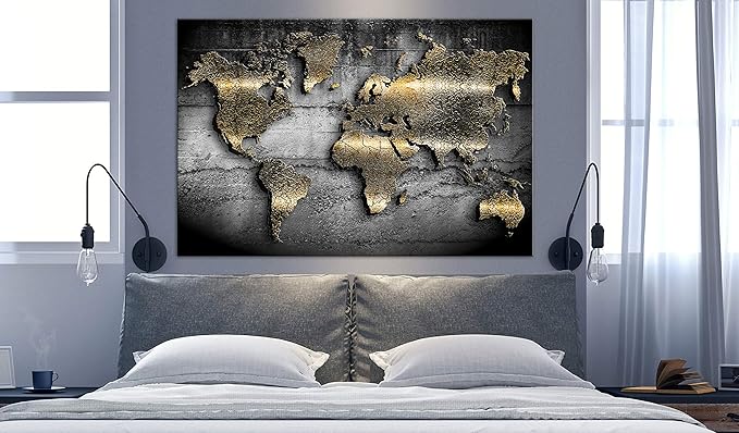 artgeist Textured Canvas Wall Art World map 35x24 in - 1pcs Painting Canvas Prints Picture Artwork Image Framed Contemporary Modern Photo Wall Home map Continents Black k-A-0498-b-a