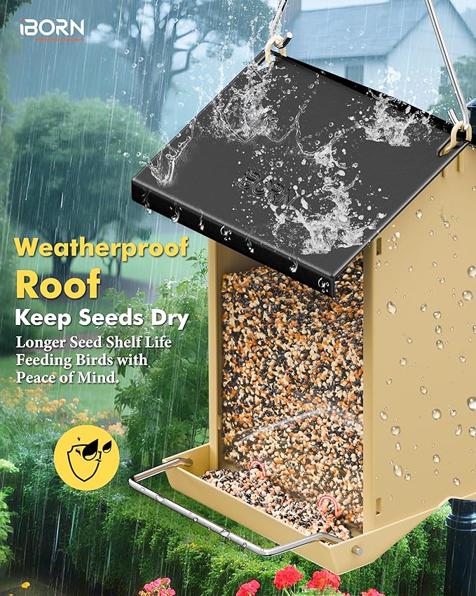 iBorn Bird Feeders for Outdoors,Bird House Feeder with Weatherproof Metal Roof & 8 Drain Holes,Fully Detachable Birdfeeder Design,Easy Clean & Refill,Chew-Proof PC Windows,1.5 Lbs Capacity,Black Roof