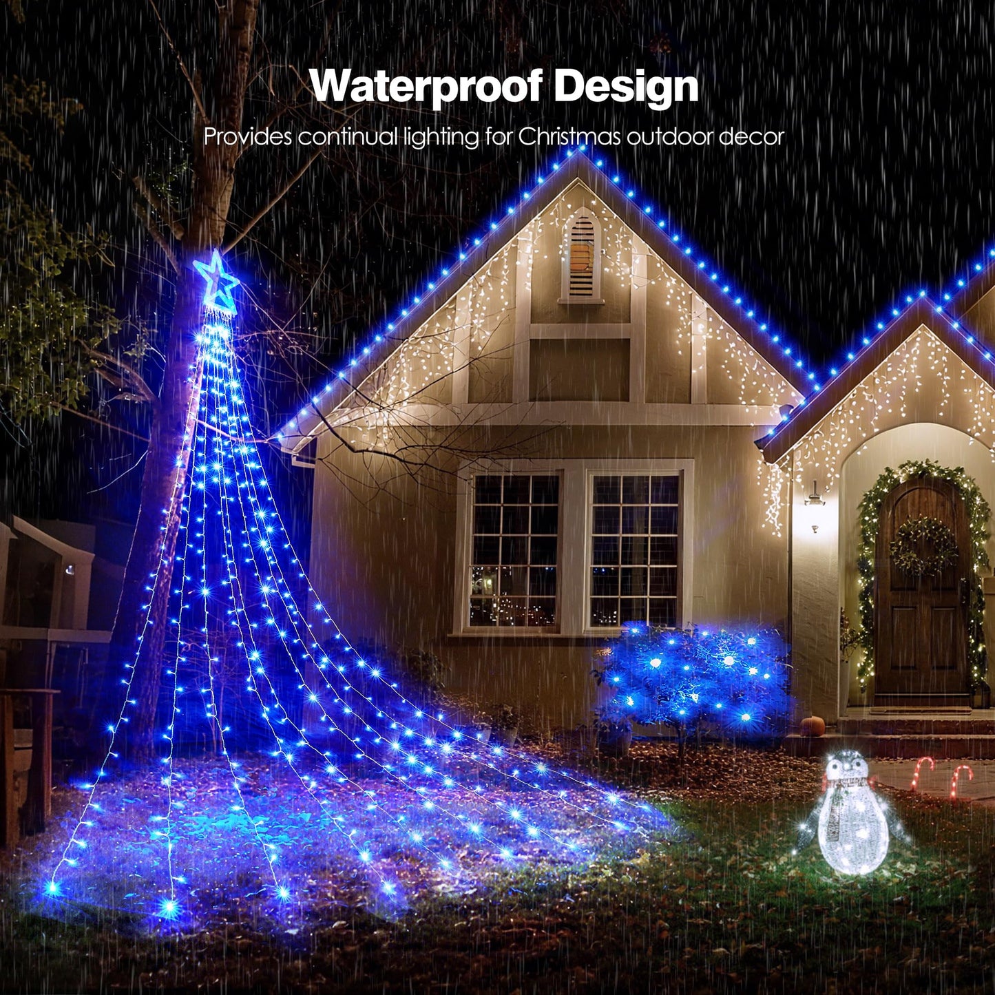 Blctec Outdoor Christmas Decorations 317 Leds Christmas Lights With 9 Strands 11.9Ft Waterfall Christmas Tree Lights  8 Modes  Ul Certified  Waterproof  Topper Star & Timer For Yard Patio D?Or  Blue