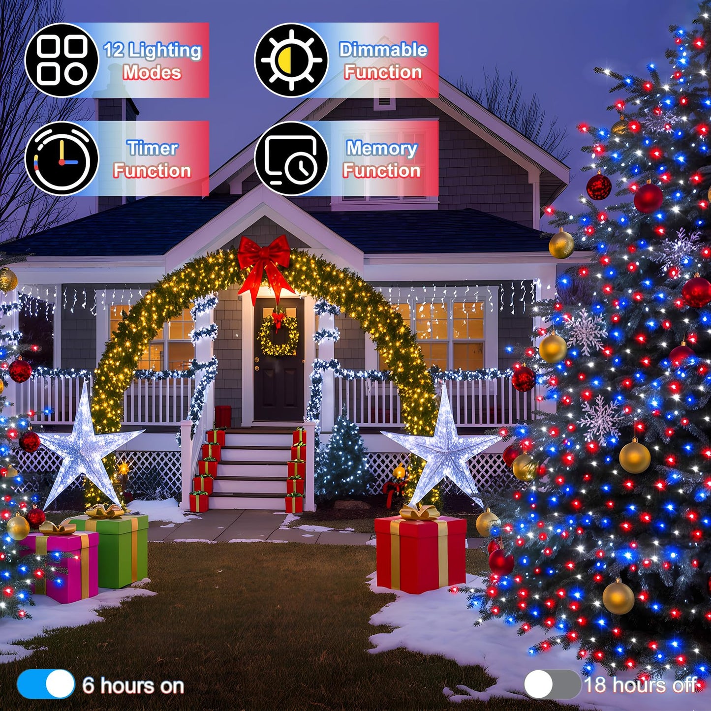 750 Led 240Ft Christmas String Lights Outdoor  Christmas Light With 8 Lighting Modes& Timer & Memory  Plug In Waterproof Clear Wire Twinkle Light For For Xmas Yard Tree Party Decor Red White Blue