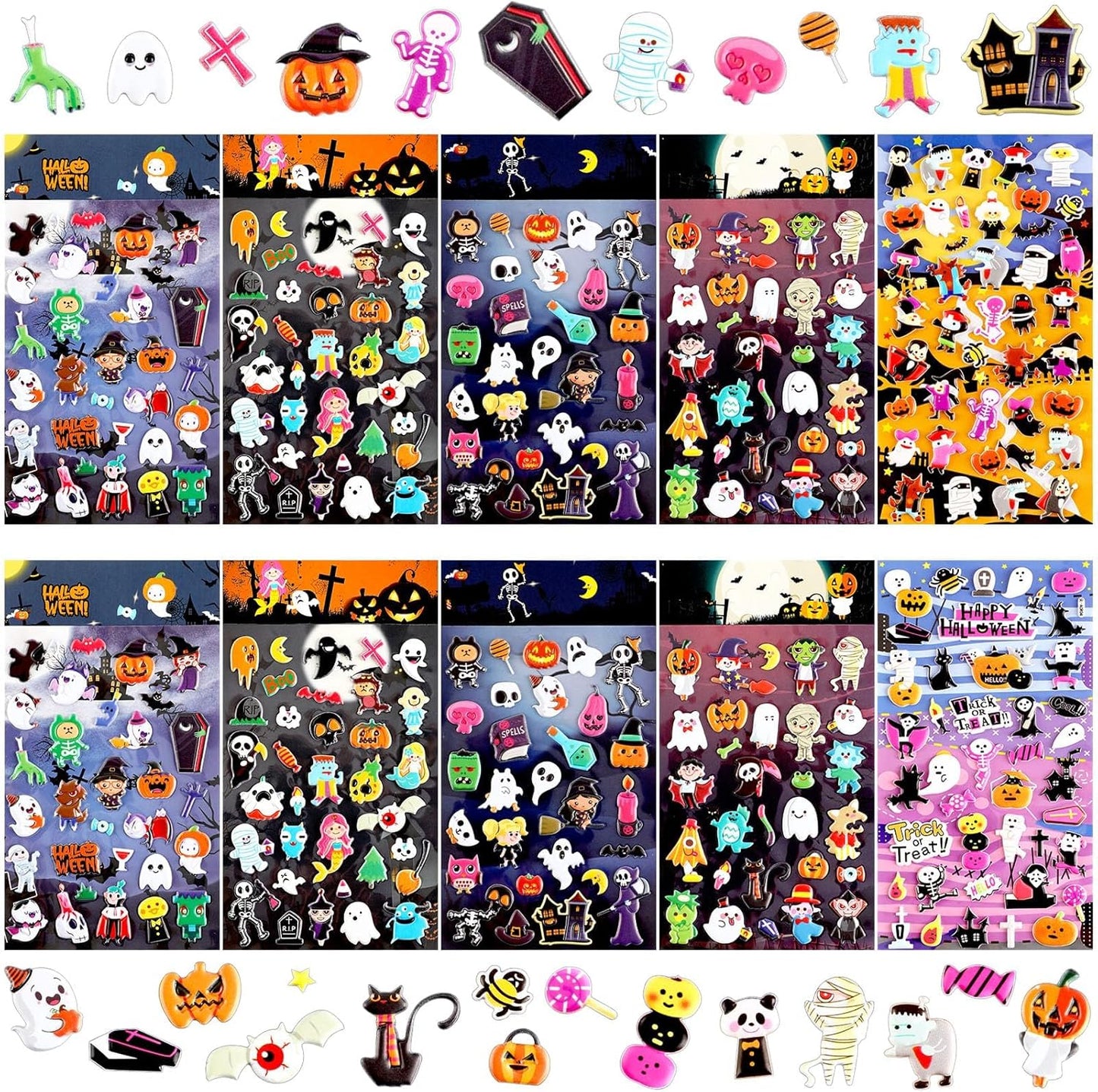 UPINS Halloweens Stickers for Kids, 10 Sheets 3D Happy Halloween Stickers Cute Puffy Stickers Ghost Pumpkin Skull Bat Spider Foam Stickers for Halloween Party Favors Scrapbooking DIY Crafts