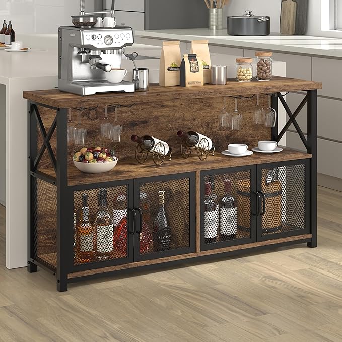 LVB Industrial Coffee Bar Cabinet, Farmhouse Wine Bar Cabinet for Liquor and Glasses, Metal Wood Sideboard Buffet Liquor Cabinet and Wine Rack with Storage for Home Dining Kitchen, Rustic Brown, 47 In