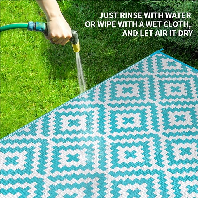 Outdoor Patio Plastic Straw Rug - 8'x10' Outdoor Camping Rug Waterproof Reversible, Area Carpet Patios Clearance RV, Outside Porch Balcony Deck for Camper, Blue & White