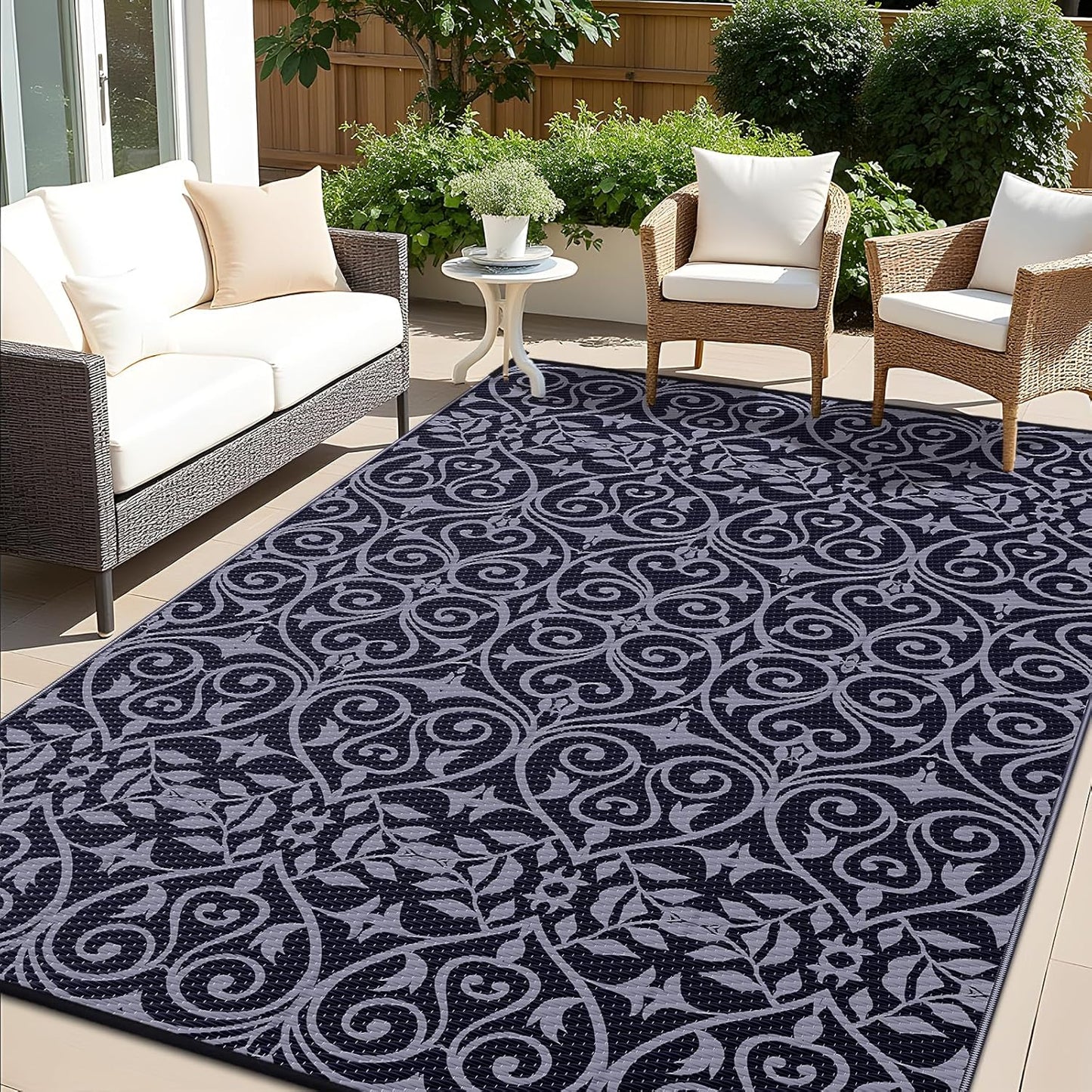 OLANLY Outdoor Rug Waterproof 8x10 ft Clearance, Reversible Outdoor Plastic Straw Rug with Floral Pattern, RV Mat for Patio, Camping, Balcony, Deck, Backyard, Black & Grey