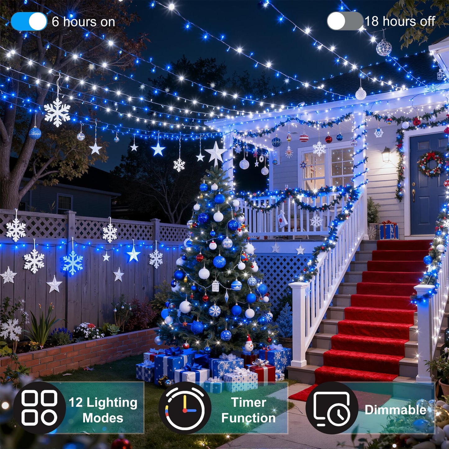 350Led Christmas Lights Indoor Outdoor  90Ft 12 Modes Blue And Cool White Led String Lights With Timer Dimmable  Waterproof Tree Lights For Xmas Patio Yard Fence Wedding Bedroom Garden Decor