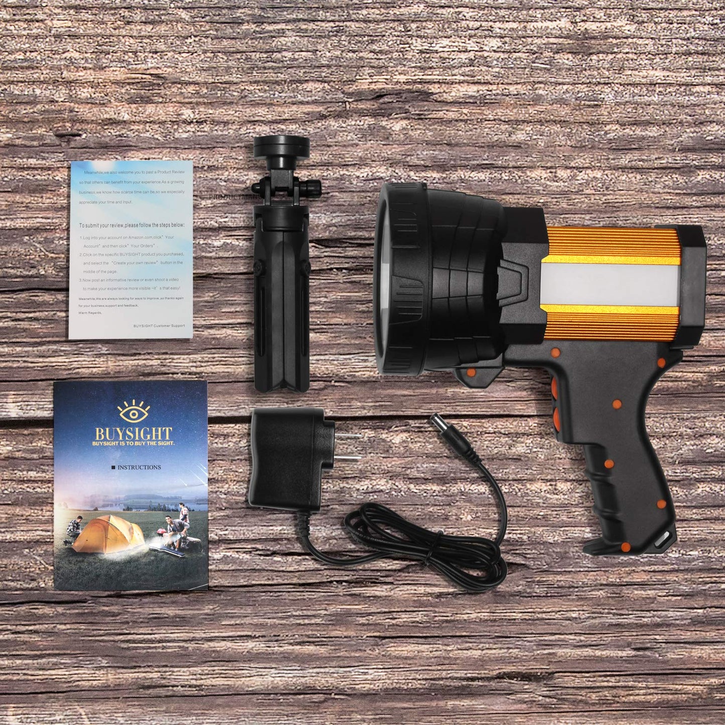 BUYSIGHT Rechargeable Handheld Spotlight 100000 Lumens Aluminum Alloy Golden Model B743-G