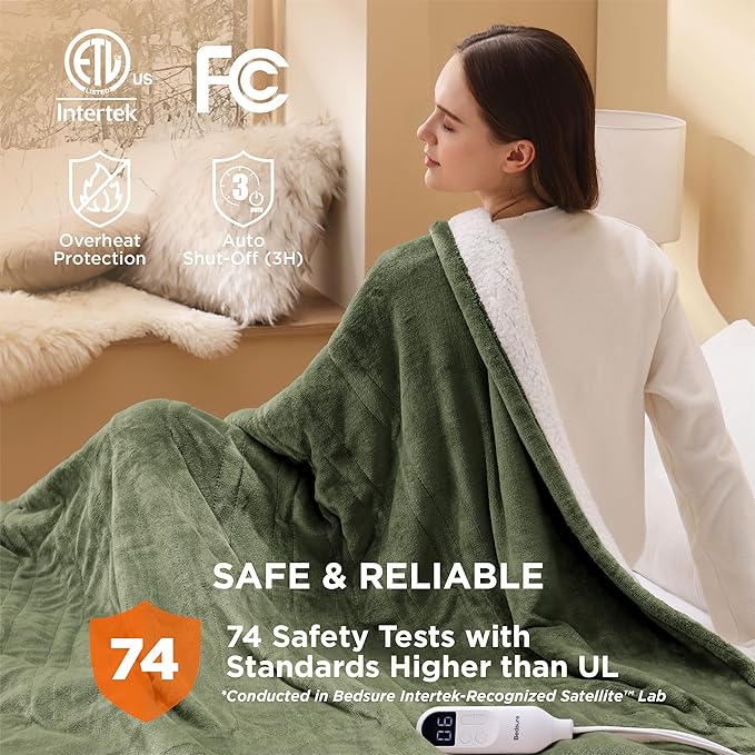 Bedsure Heated Blanket Electric Throw - Soft Flannel Electric Blanket, Heated Throw with 4 Time Settings & 6 Heat Settings, Warm Gift for Grandma (50x60 inches, Olive Green)