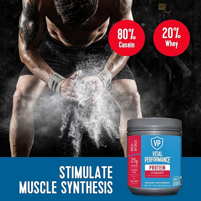 Vital Proteins Performance Protein Powder, 25g Lactose-Free Milk Isolate Casein & Whey Blend Protein Powder with 10g Grass-Fed Collagen Peptides, 8g EAAs, 5g BCAAs, Gluten-Free - Strawberry, 1.68lb