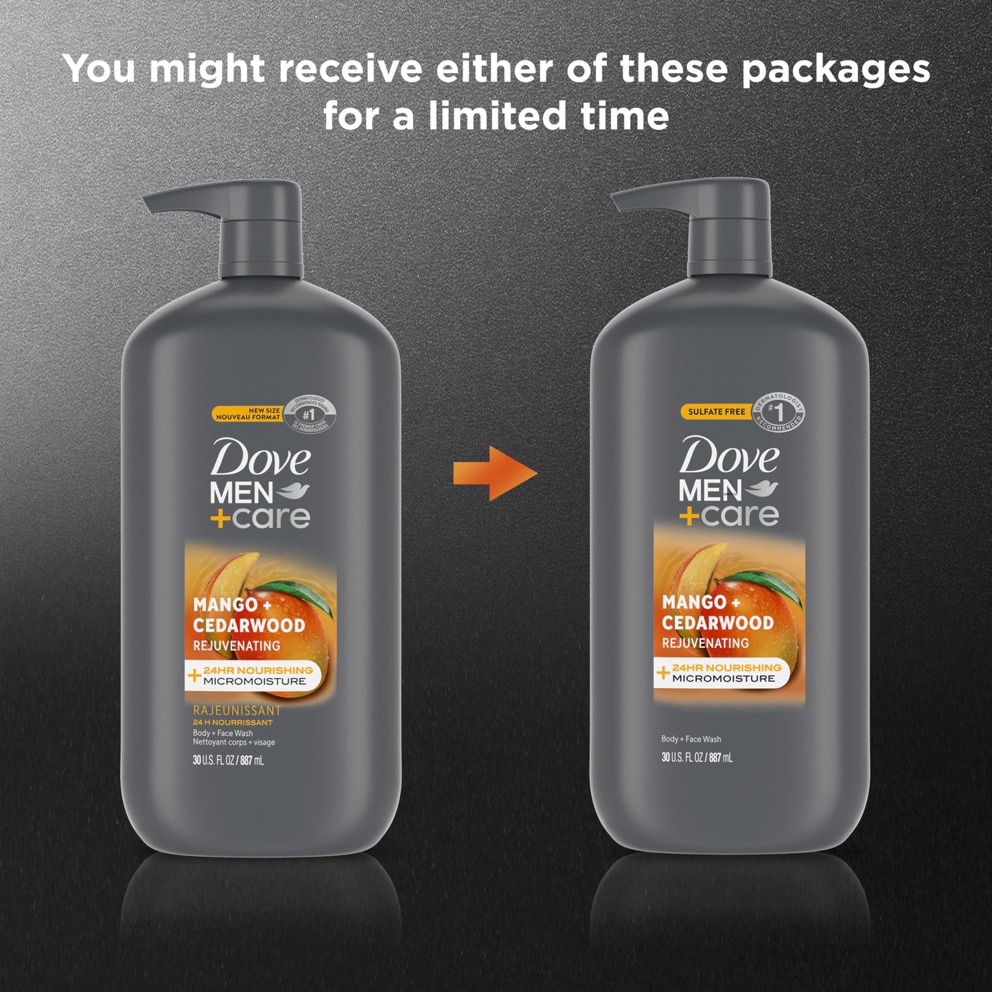 DOVE MEN + CARE body and face wash rejuvenating mango + cedarwood for Men, with 24-Hour Nourishing Micromoisture Technology, 30