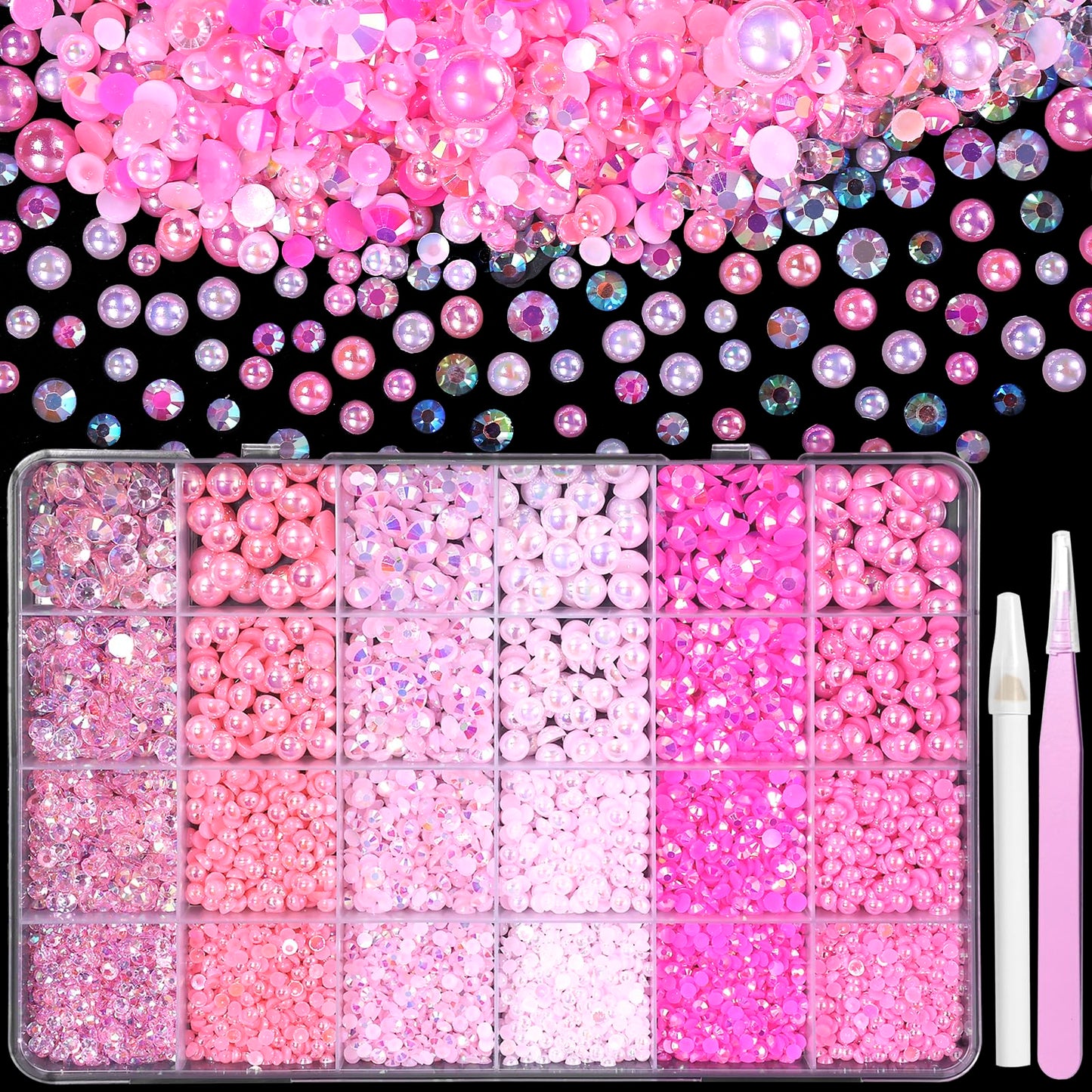 9000 Pcs Pink Colors Flatback Pearls and Rhinestones for Crafts, 3/4/5/6mm Jelly Resin Rhinestones, Mixed Size 3/4/6/8mm Half Pe