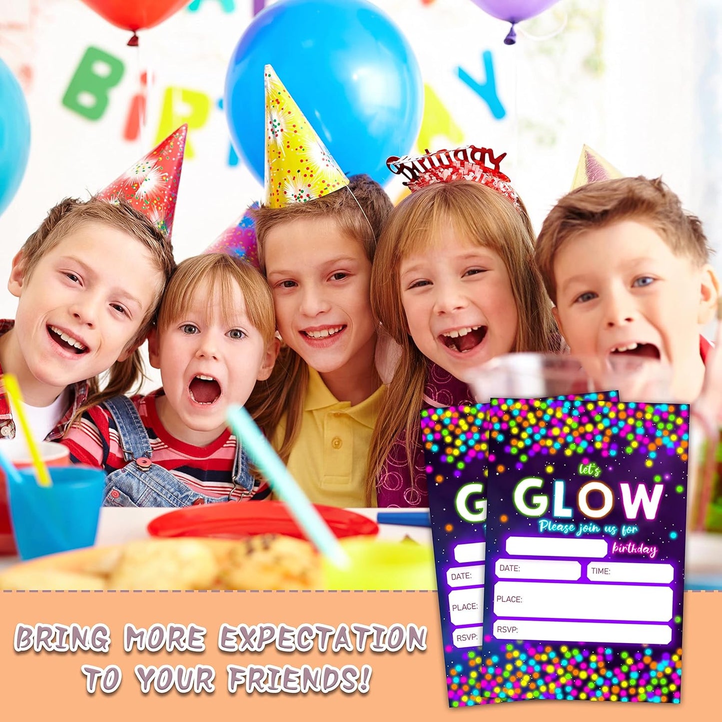 Neon Glow Invitation Birthday Party Invitations, 20-Count Let's Glow Theme Birthday Party Invites With Envelopes-HBYQK-B19