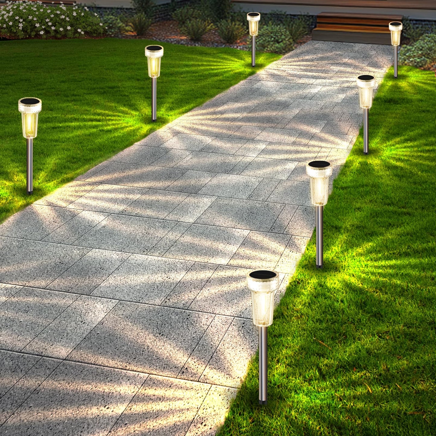 Deraysion 12 Pack Solar Lights Outdoor  Solar Pathway Lights Auto Dusk-To-Dawn Landscape Garden Lighting  Waterproof Stainless Steel Pole Lighting For Path  Yard  Walkway  Garden  Driveway
