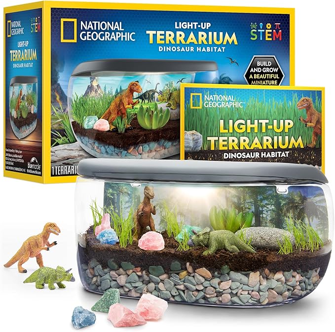National Geographic Light Up Terrarium Kit for Kids - Build a Dinosaur Habitat with Real Plants & Gemstones, Science Kit, ...