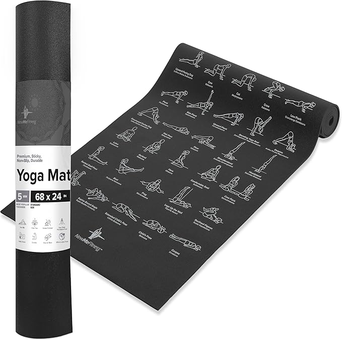NewMe Fitness Yoga Mat for Women and Men - Large, 5mm Thick, 68 Inch Long, Non Slip Exercise Mats w/ 70 Printed Yoga Poses...