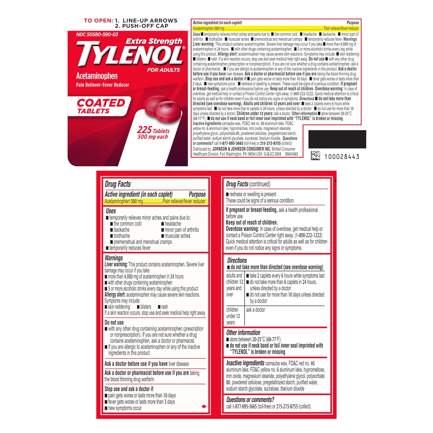 Tylenol Extra Strength Pain Reliever & Fever Reducer, Round Coated Tablets, 500 mg Acetaminophen Pain Relief Pills for Headache, Toothache & Minor Arthritis Pain, 225 ct