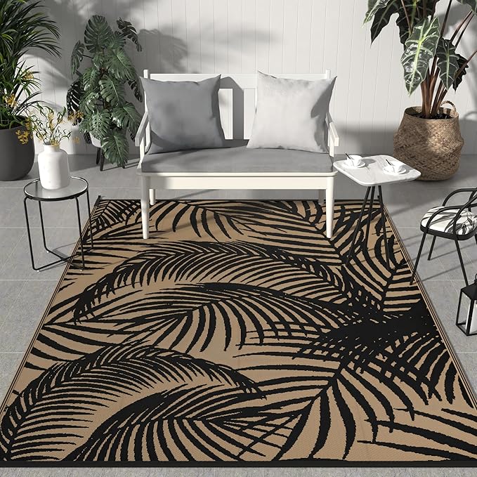 GENIMO Outdoor Rug 8' x 10' Waterproof for Patio Clearance, Reversible Plastic Straw Camping Carpet, Lightweight Mats for Rv, Backyard, Deck, Porch, Picnic, Beach, Balcony, Black & Brown