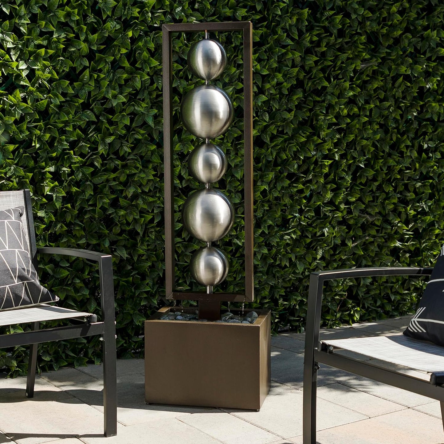 Alpine Corporation Outdoor 55" Modern Stainless Steel Geometric Orbs Water Fountain, Soothing Water Feature for Patios, Gardens, and Outdoor Decor, Brown