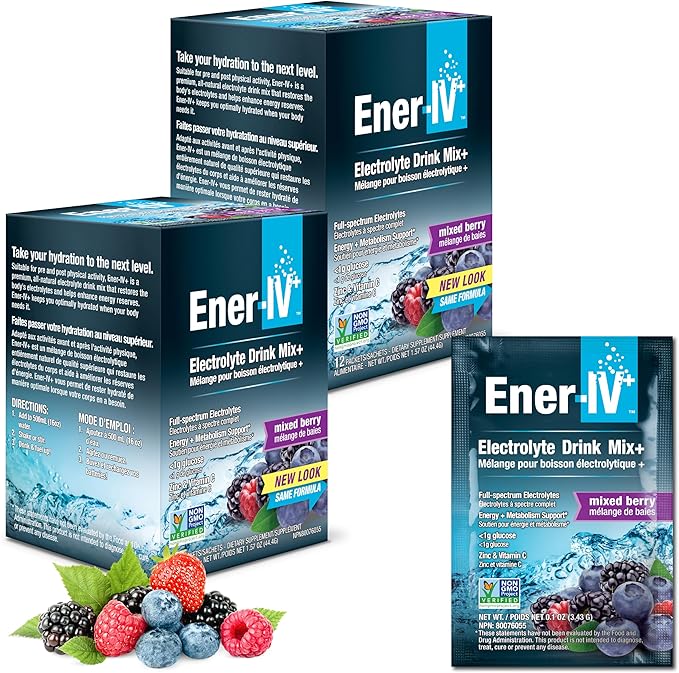 Ener-IV Electrolyte Drink Mix - Electrolytes Powder Packets, Hydration Powder Drink, Hydrate Liquid Mix, Low Sugar Rehydration for Women & Men - Mixed Berry, 24 Count