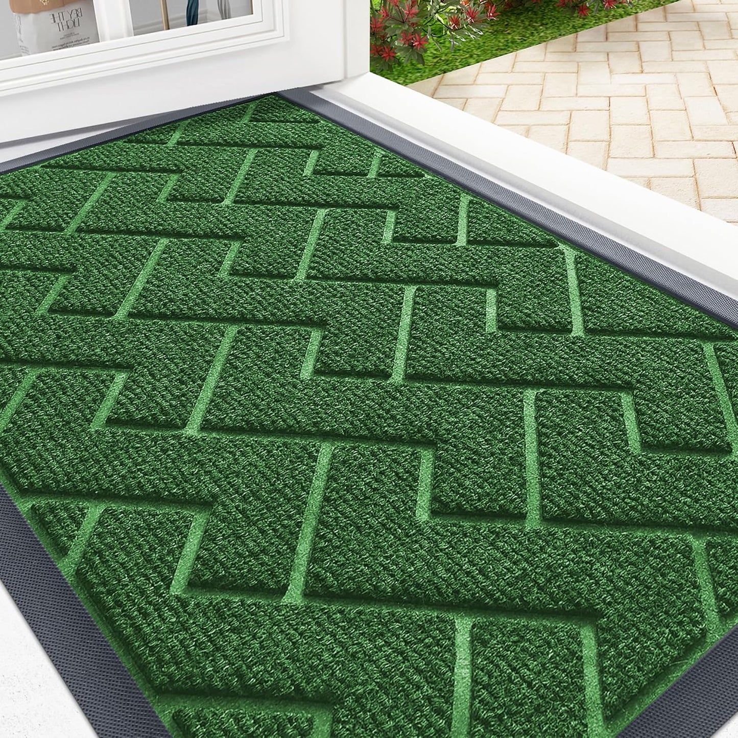 OLANLY Front Door Mat Indoor Outdoor Entrance, Waterproof All-Season, All-Weather Doormat, Sturdy Natural Rubber, Low Profile, Easy Clean Patio Porch Entryway Mat, Herringbone Brick (Green, 71x47)