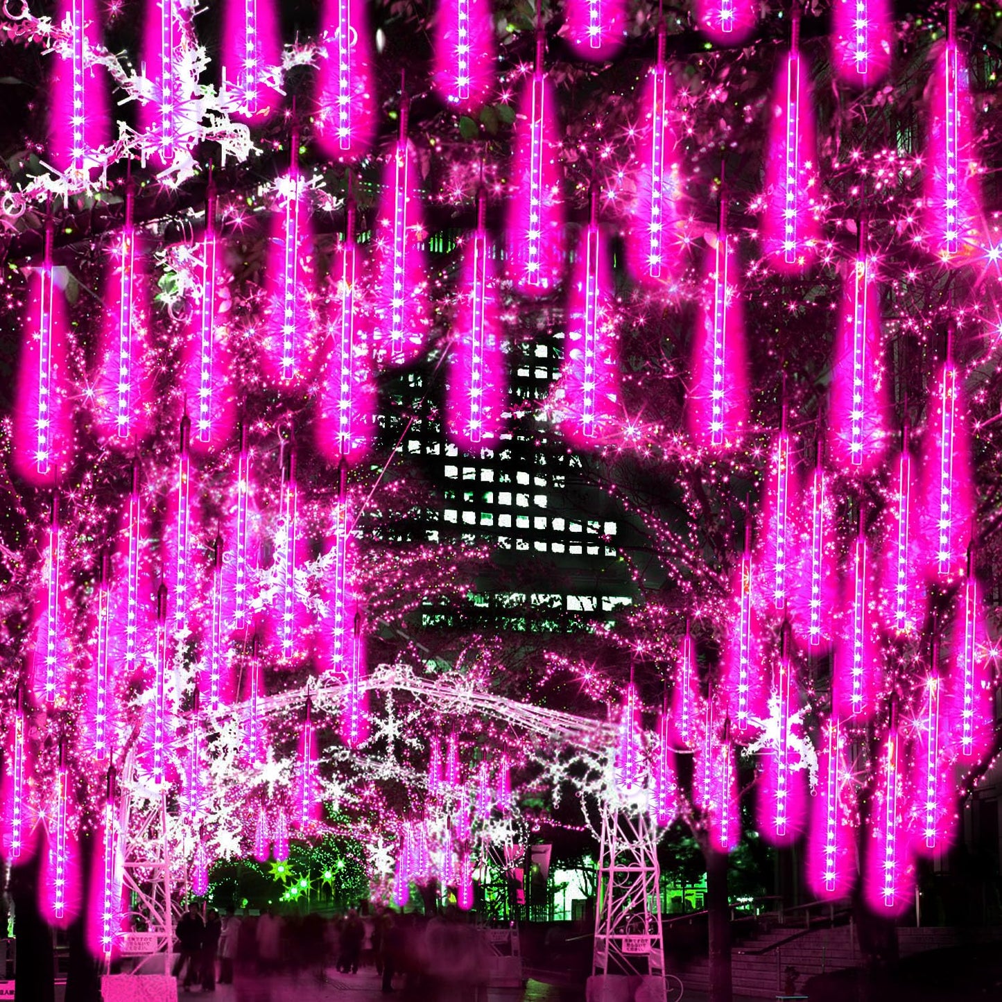 Jjgoo ?4 Pack? Christmas Meteor Shower Rain Lights 20Inch  Totally 40 Tube 1440 Leds Icicle Light Outdoor Raindrop Lights For Xmas Halloween Wedding Party Tree Holiday Decoration  Pink