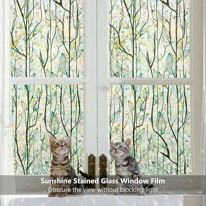 Finnez Window Privacy Film Window Film 3D No Glue Glass Sticker for Glass Door Home and Office Heat Control Anti UV (23.6 Inch x 6.5 Feet, Rainbow Grove)