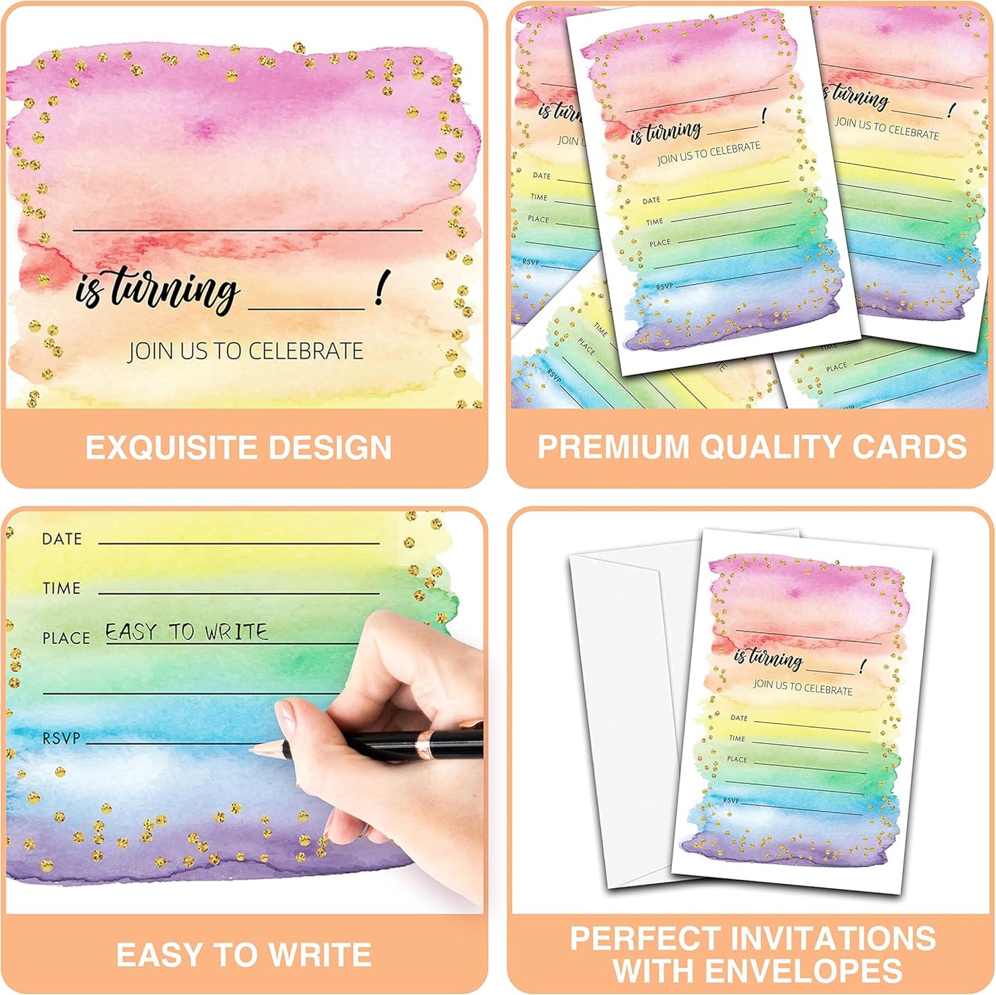 Colorful Rainbow Birthday Party Invitations, 20-Count Watercolor Rainbow Glitter Birthday Party Invites With Envelopes-HBYQK-B59