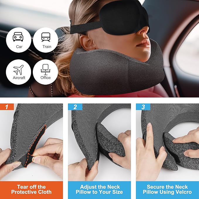 MULIHOMI™ New Packaging Updated Travel Pillow for Airplane with 100% Memory Foam, 360° Adjustable Full Surrounding Flying Neck Pillows, Travel Pillow Set with 3D Eye Masks, Earplugs (Black)