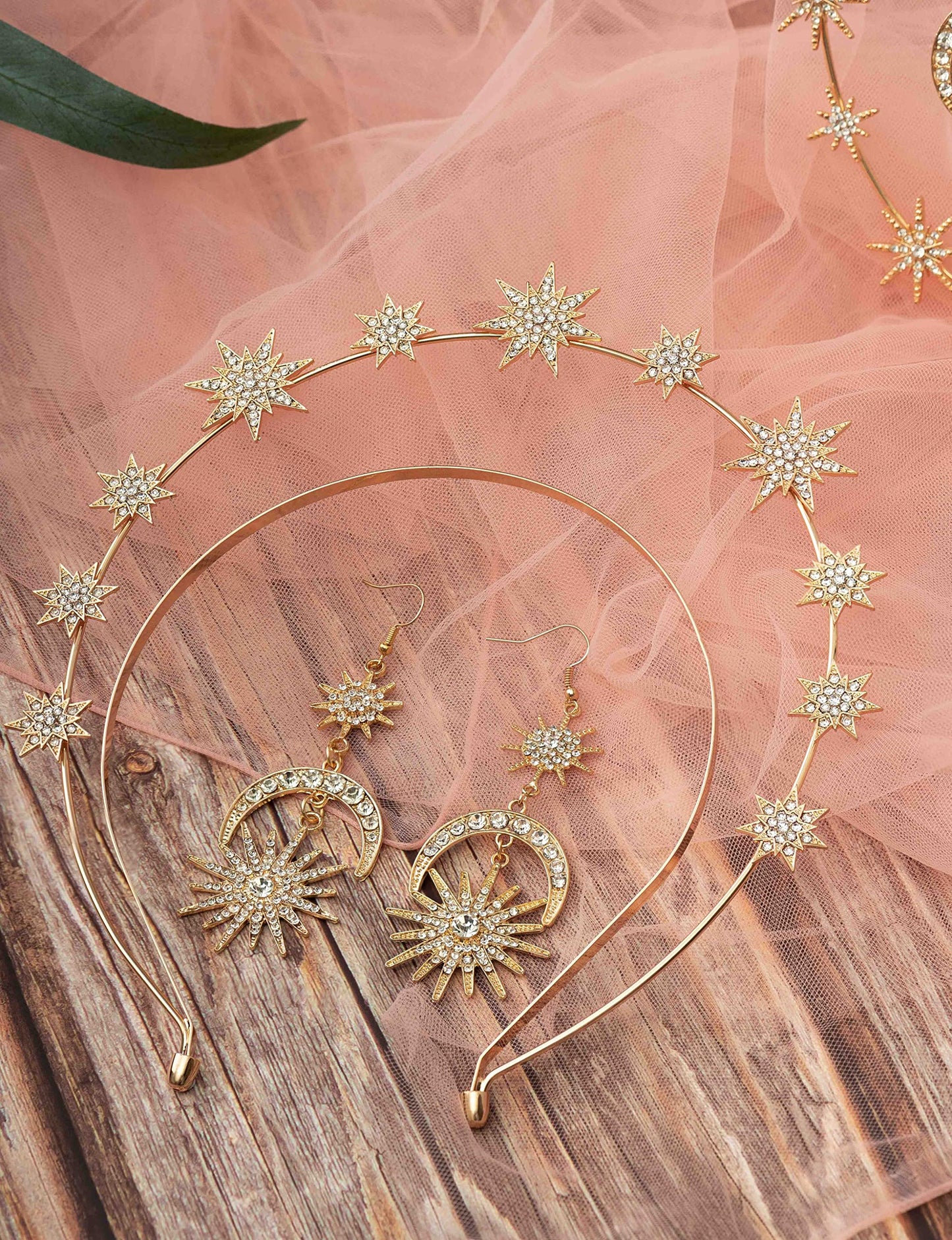 Halo Crown Stars Goddess Crown Halo Headband with Earrings Tiaras and Crowns for Women Boho Bridal Wedding Headpiece