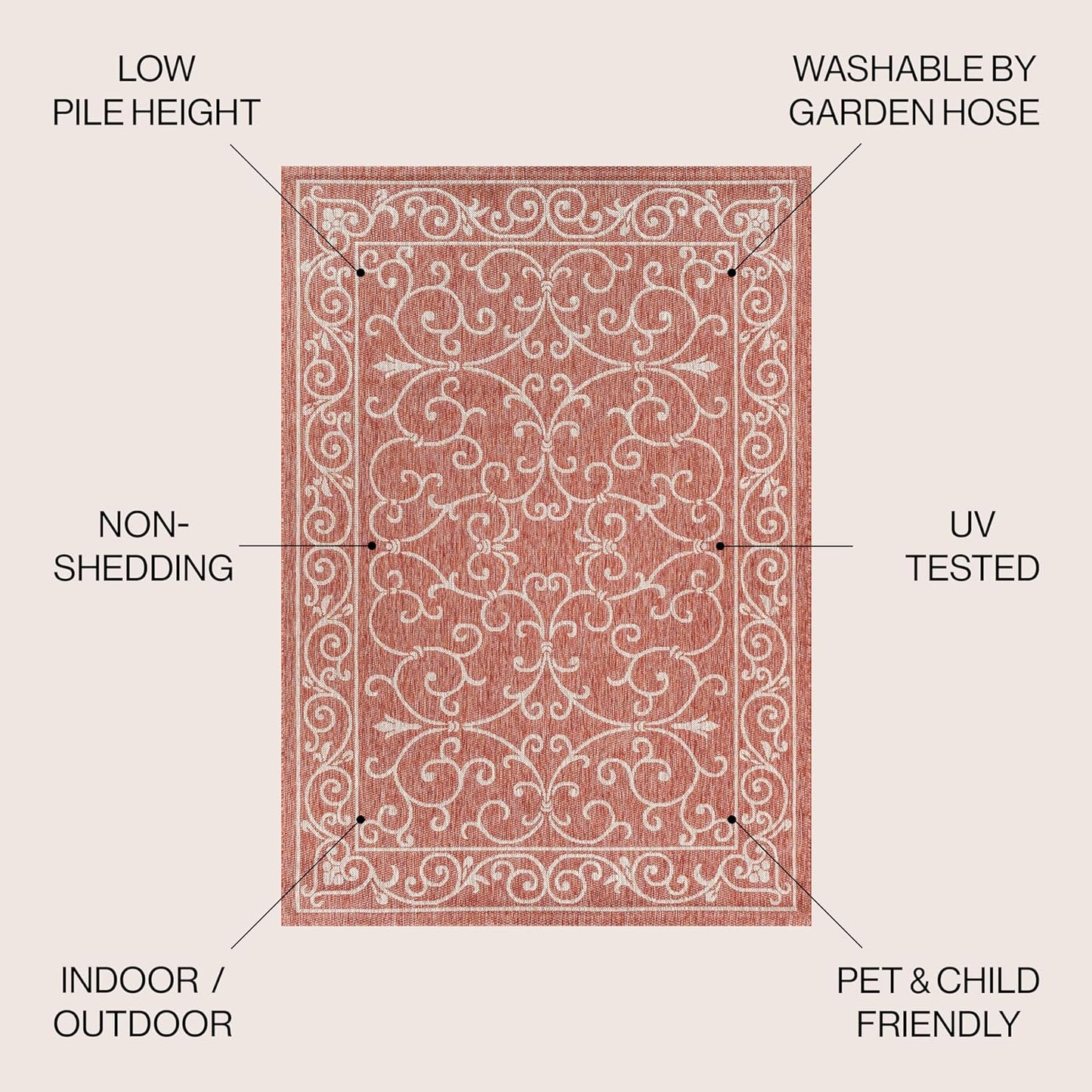 JONATHAN Y Vintage Filigree Indoor Outdoor Round Area Rug 6 Ft Red/Beige, Charleston Textured Weave for Backyard, Patio, Porch, Easy-Cleaning, High Traffic, Pet-Friendly, Non-Shedding (SMB106B-6R)
