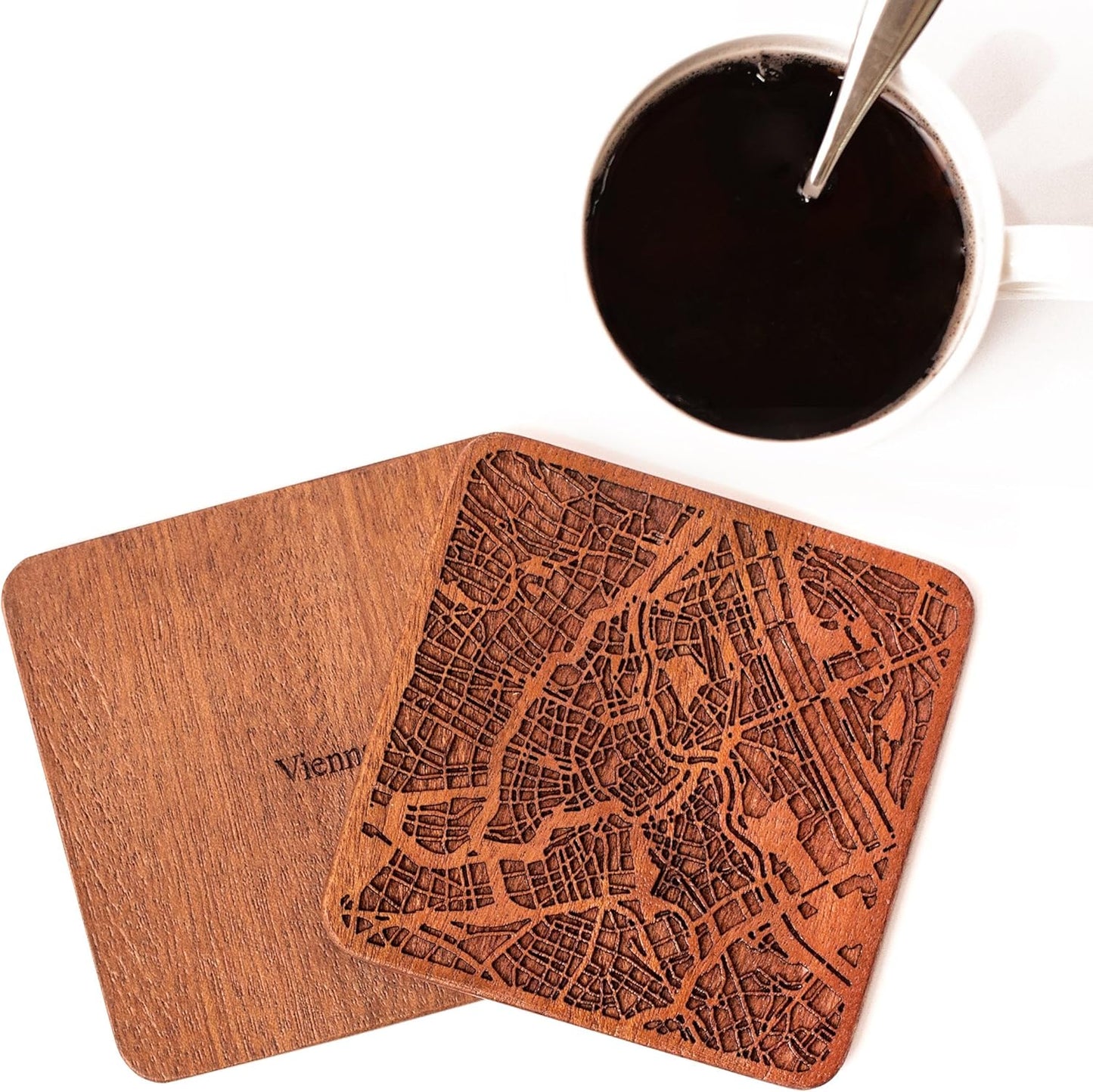 Vienna Map Coaster by O3 Design Studio, Set Of 4, Sapele Wooden Coaster With City Map, Handmade
