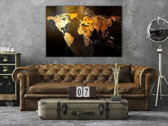 artgeist Textured Canvas Wall Art World map 24x16 in - 1pcs Painting Canvas Prints Picture Artwork Image Framed Contemporary Modern Wall Home Map Continent Sun Abstract k-C-10000-b-a