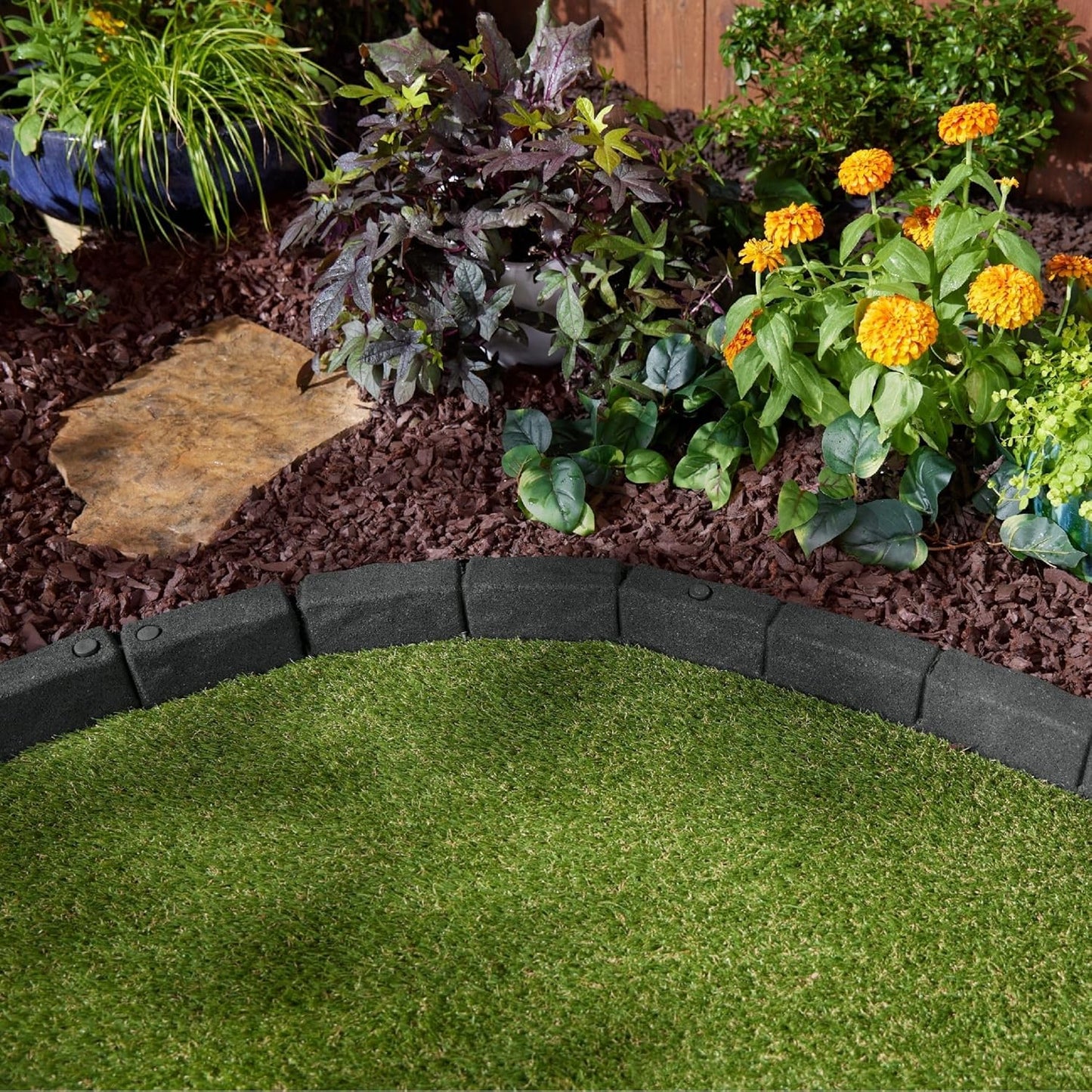 Rubberific 4' Rubber Cobblestone Flexible No Dig Landscape Mulch Border Edging with Anchoring Spikes for Lawns, Gardens, and Flower Beds (12, Gray)