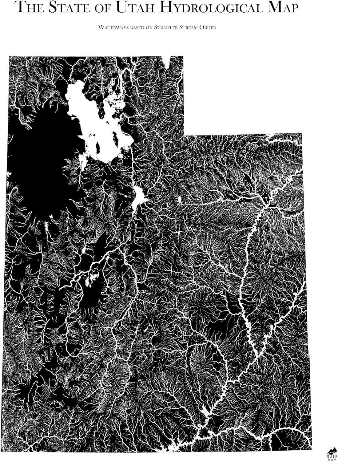Muir Way Hydrological River Map of Utah - Watershed Topographic Wall Art for Home, Office, or Travel Decor - Unframed Flat Paper Print, 24x30