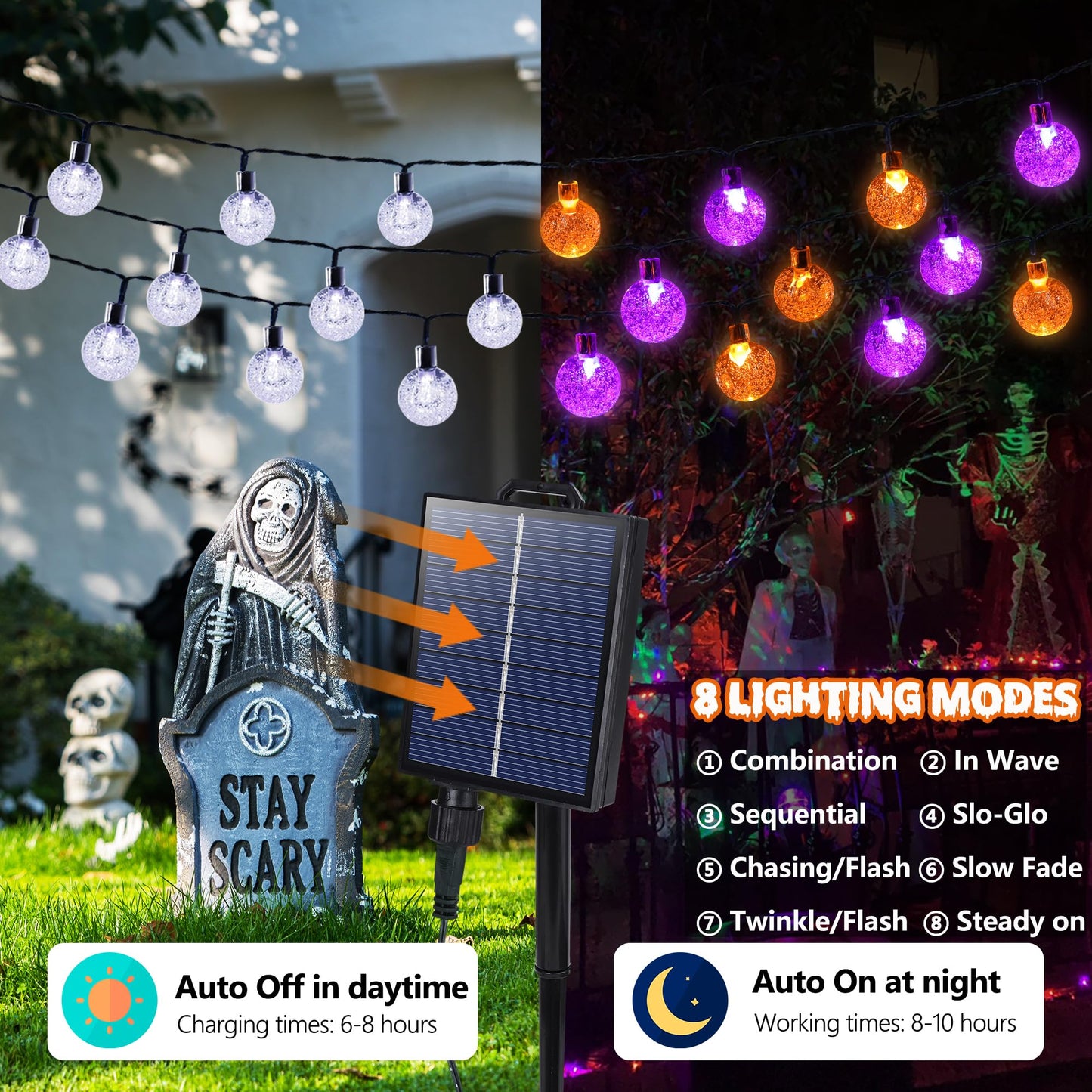 Joomer Solar String Lights - 100LED 72FT Waterproof Crystal Globe Lights, Orange Purple, 8 Modes for Outdoor Patio Halloween Decor
