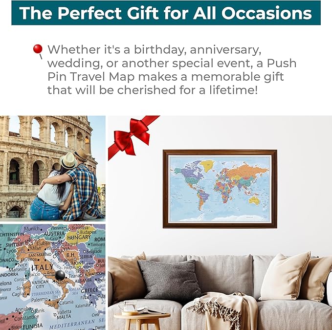 Canvas - Personalized Blue Oceans World Push Pin Travel Map with Brown Frame