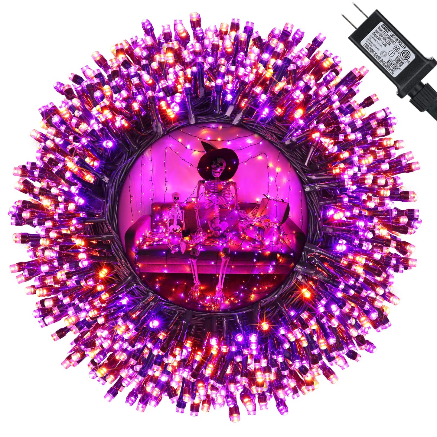 Jnaurb Halloween String Lights, 300 LED Waterproof Fairy Lights, 114ft, Orange & Purple, 8 Modes, Indoor/Outdoor Decor