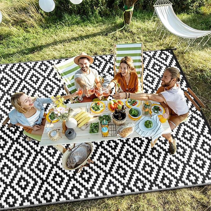 Outdoor Patio Plastic Straw Rug - 9'x12' Outdoor Camping Rug Waterproof Reversible, Area Carpet Patios Clearance RV, Outside Porch Balcony Deck for Camper, Black & White