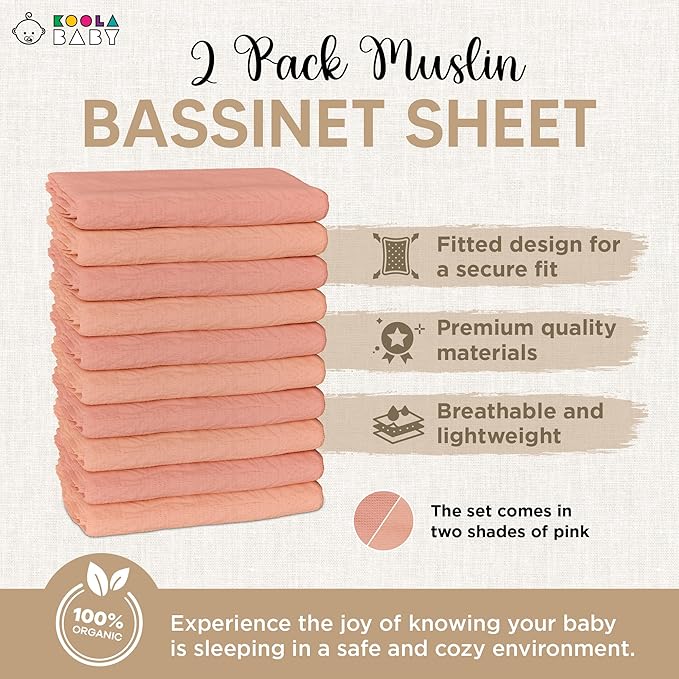 Bassinet Fitted Sheets - Compatible with Baby Delight Beside Me Dreamer Bassinet & Baby Joy Bedside Sleeper | 100% Organic Muslin Cotton - Light Pink + Dark Pink | 33X20 (2 Pack)