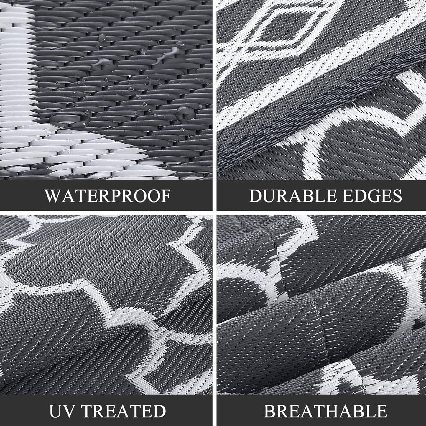 GAOMON Outdoor Rugs Patio Camping Waterproof Rug 6'x9' Plastic Straw Patio Rug Portable for Campers, Outside RVs Mat for Patios Clearance, Backyard Porch, Balcony, Grey/White(Geometric)