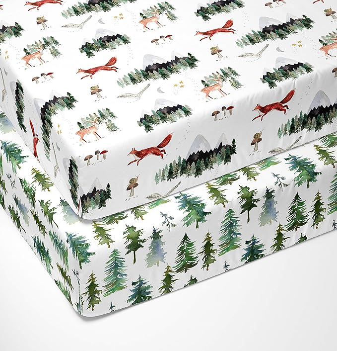 Crib Sheets Neutral - Fitted Baby Crib Sheets Bed for Girl Boy - 2 Pack Standard & Toddler Mattress (Woodland Forest Animals) - Buttery Soft Organic Cotton Blend