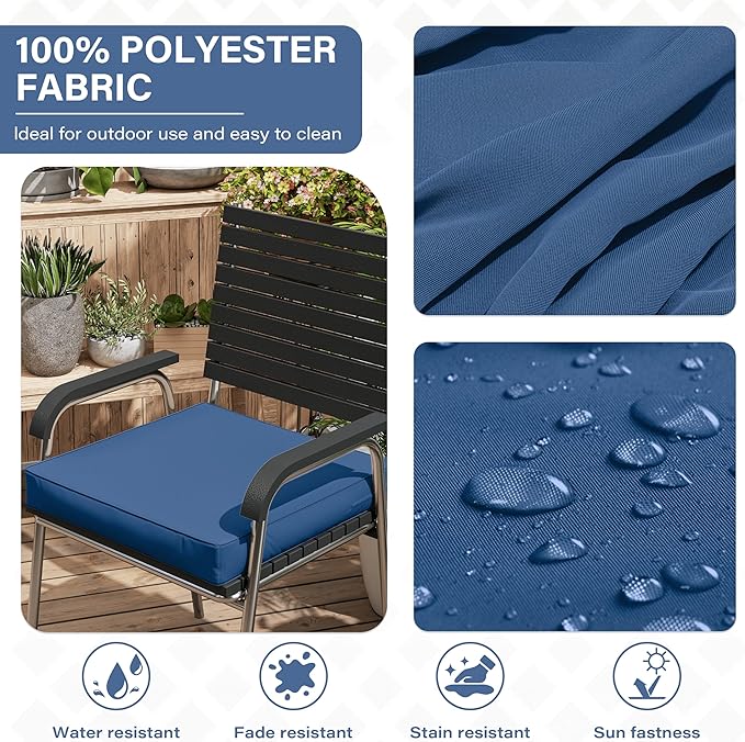 Patio Chair Cushions 17 X 16 X 3 Inch Waterproof Outdoor Seat Cushions for Patio Furniture, Outdoor Sofa Couch Pads with Ties & Handle, Set of 2, Blue